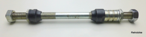 Bicycle rear wheel solid axle FG 9.5 threaded rod 3/8" x 26 length 165mm cone black spacer lock nut axle nut silver set