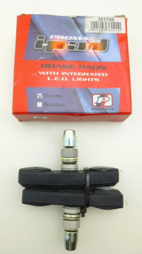 Promax i-Pad brake pad LED Bremslicht rot v-brake Bremsschuhe Bremsbeläge Alu Felgenbremse 70mm mit Gewindebolzen