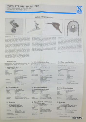Sachs Huret Elysee Typblatt Nr. 514.1/1 DFE Betriebsanleitung