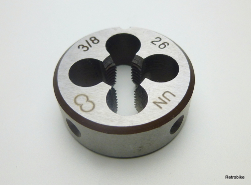 Schneideisen 3/8" x 26 TPI  UN / UNS / BSC Fahrradgewinde HSS Hinterrad Getriebenaben britische Oldtimer Messingarmaturen